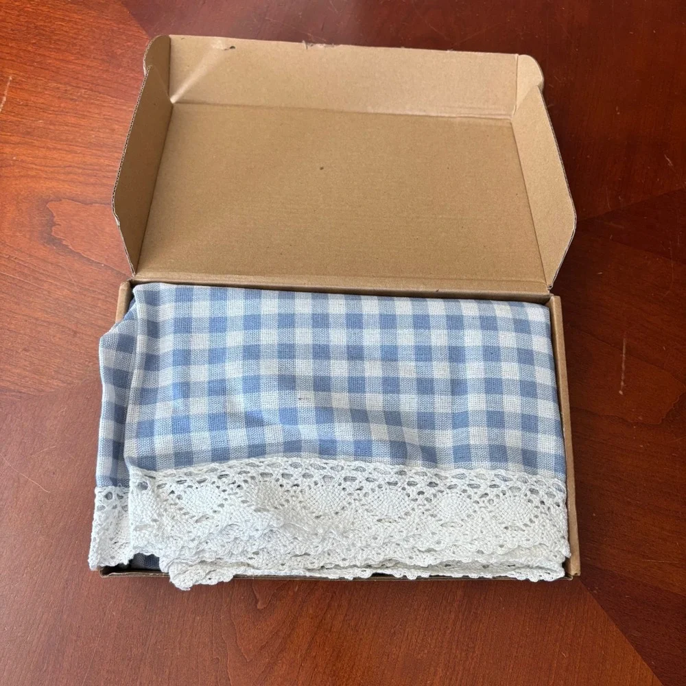 Blue Gingham Checkered Tablecloth with White Lace Trim | 52x70 Rectangular NEW